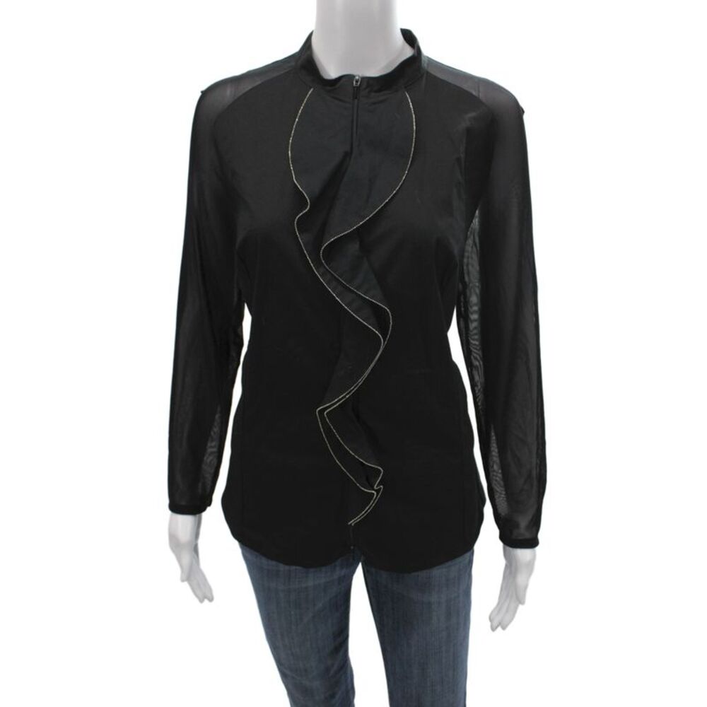 Anne Fontaine Women Black High Neck Long Sleeve Cotton Blouse Zip Size 44